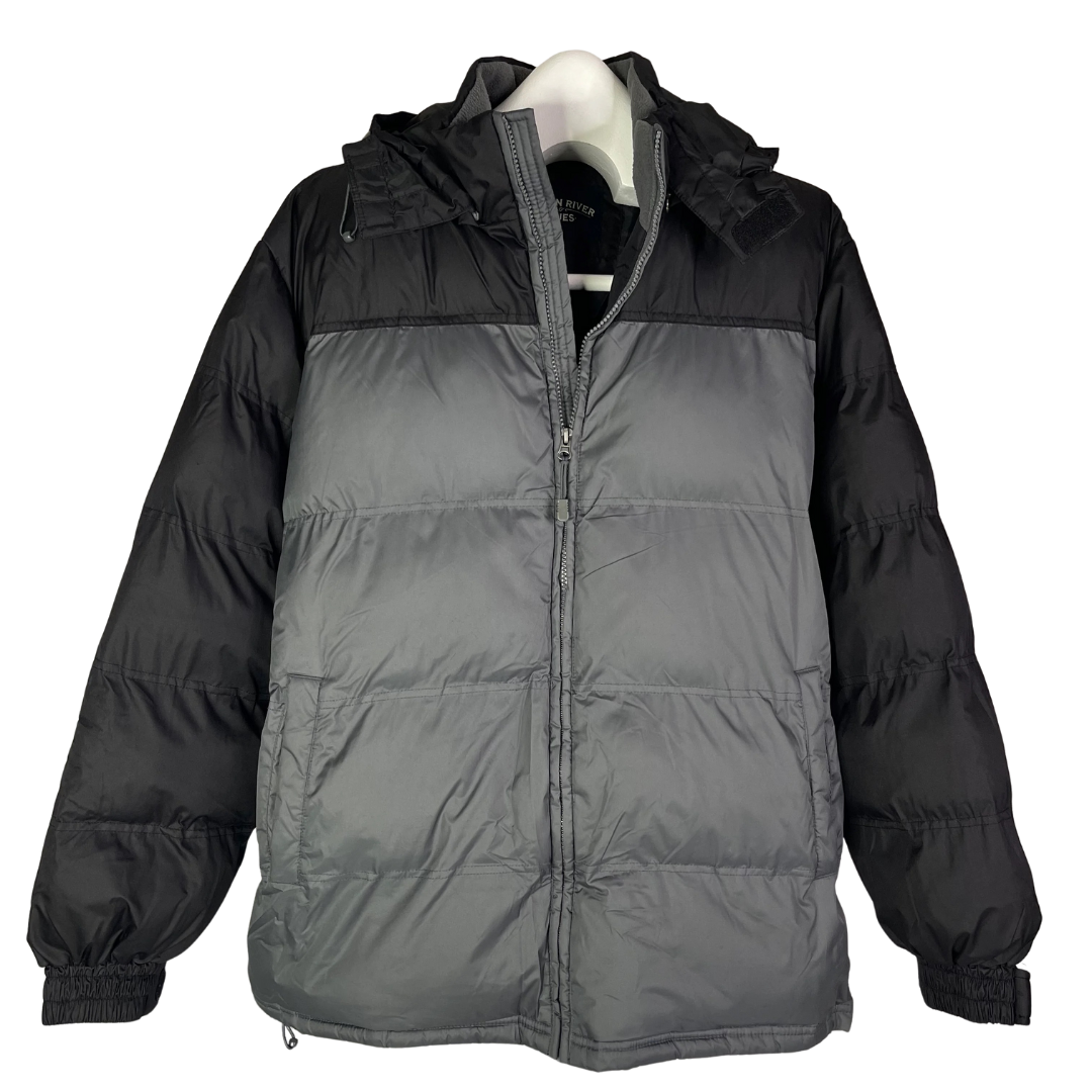 Canyon River Blues 1987 Vintage Y2K Puffer Jacket Grey Black Colorblock Insulated Hooded Coat