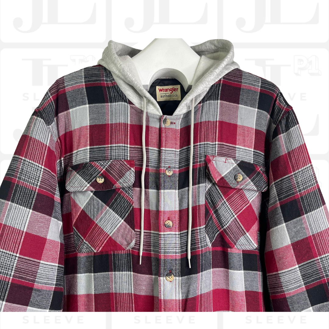 Wrangler 2XL Flannel Shirt Jacket Shacket Hooded Lined Red Plaid Button Up