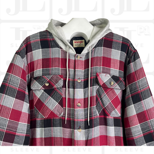 Wrangler 2XL Flannel Shirt Jacket Shacket Hooded Lined Red Plaid Button Up