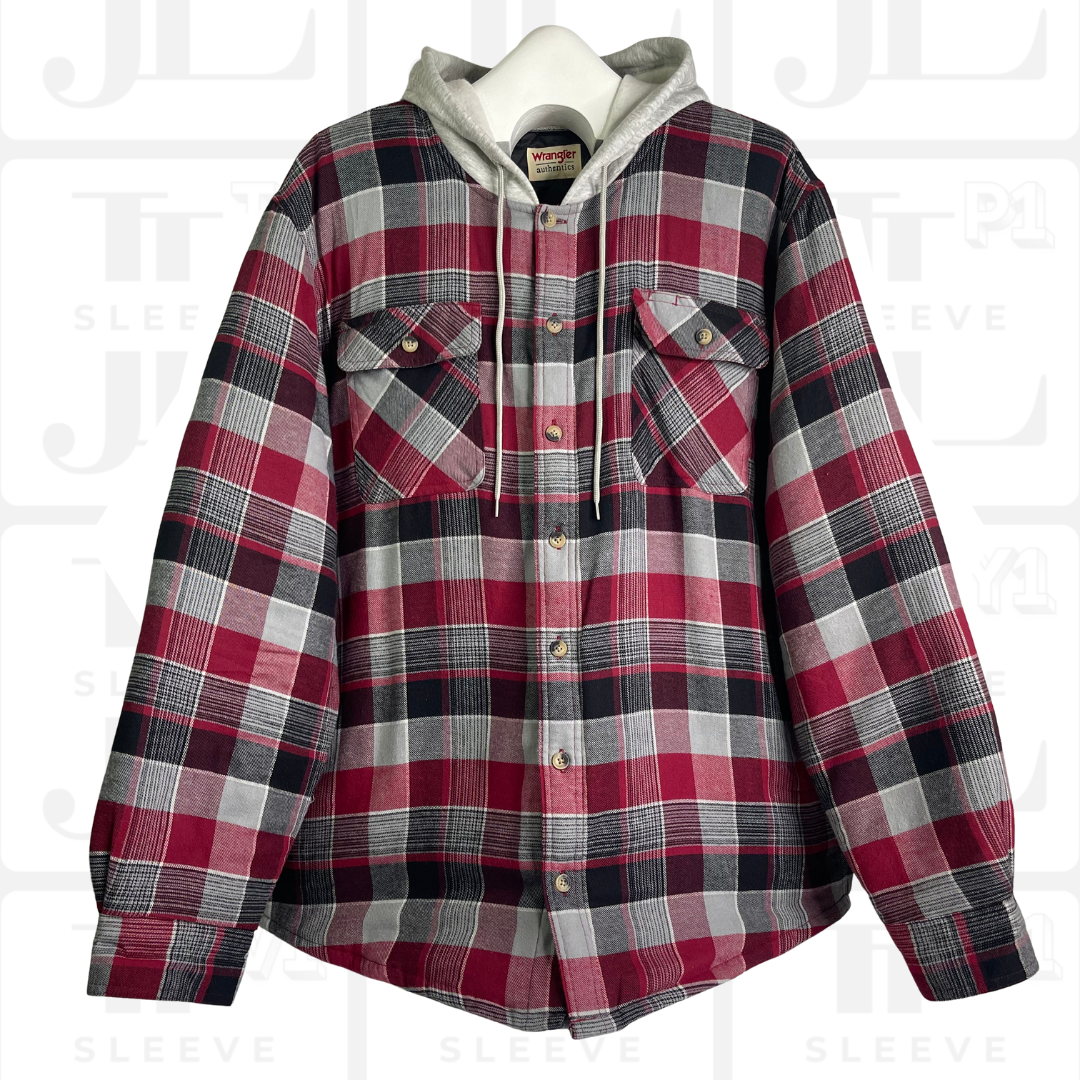 Wrangler 2XL Flannel Shirt Jacket Shacket Hooded Lined Red Plaid Button Up