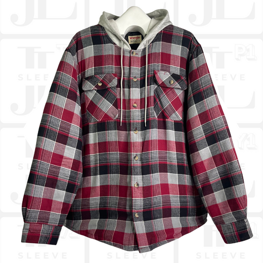 Wrangler 2XL Flannel Shirt Jacket Shacket Hooded Lined Red Plaid Button Up