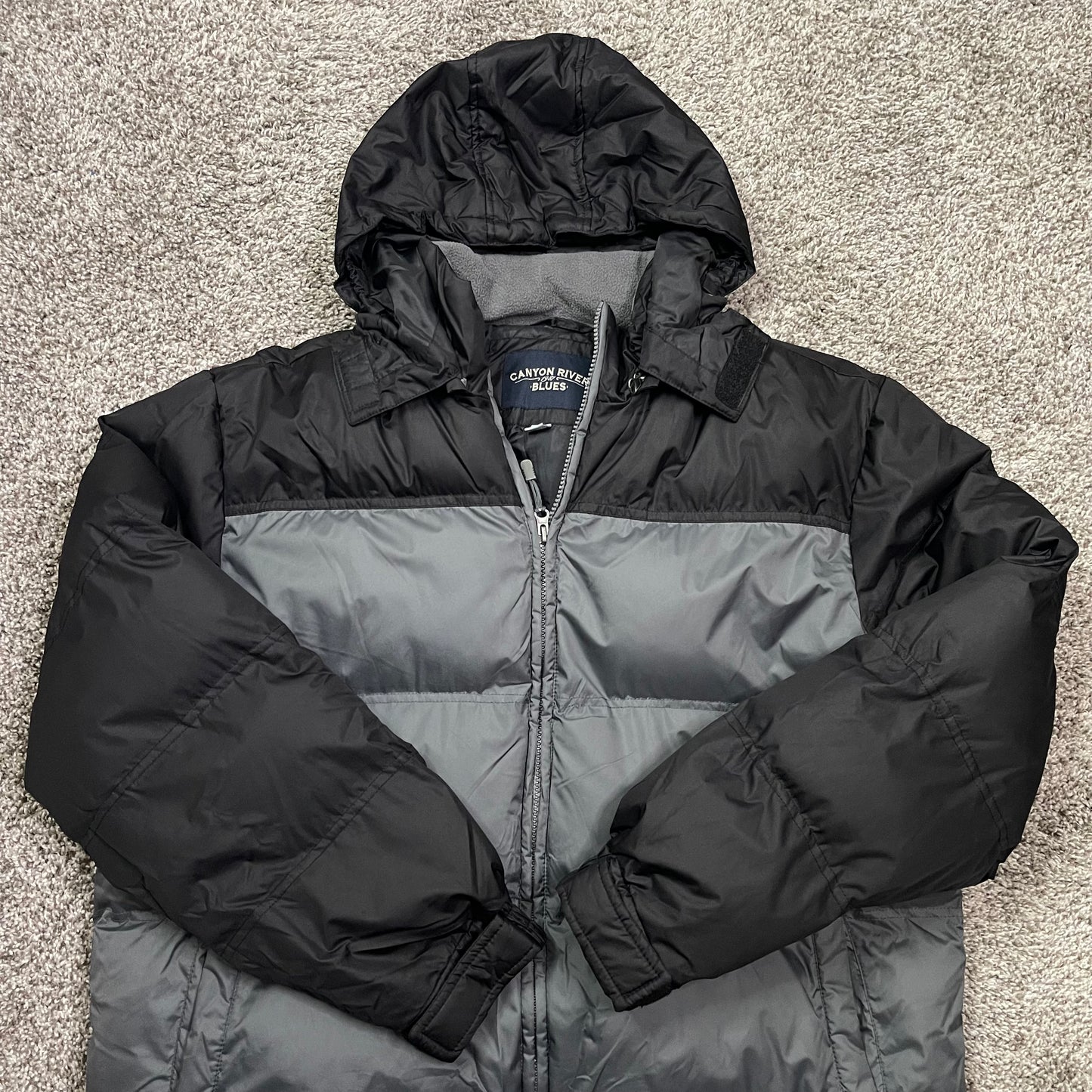 Canyon River Blues 1987 Vintage Y2K Puffer Jacket Grey Black Colorblock Insulated Hooded Coat