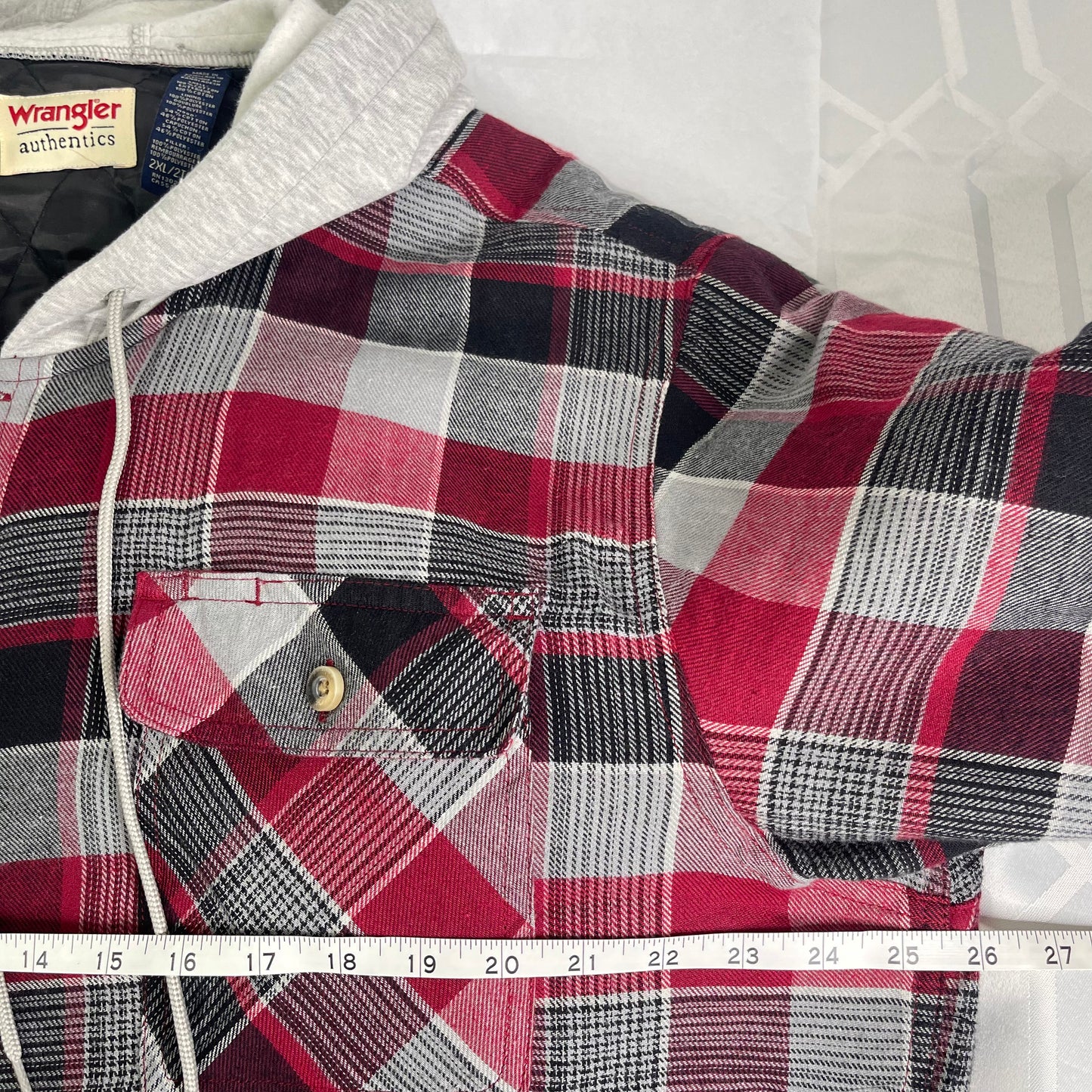Wrangler 2XL Flannel Shirt Jacket Shacket Hooded Lined Red Plaid Button Up